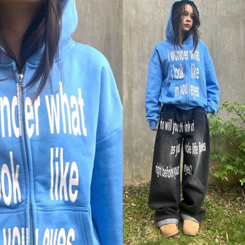 Personalized letter printed zipper sweatshirt long sleeved pullover hoodie retro jacket street trend 260615
