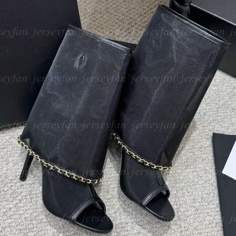 Mesh Open-Toe High Heel Sandal Boots with Gold Chain Trim Top Quality Lambskin Open-Toe Sheer Stiletto Heel Booties 35983