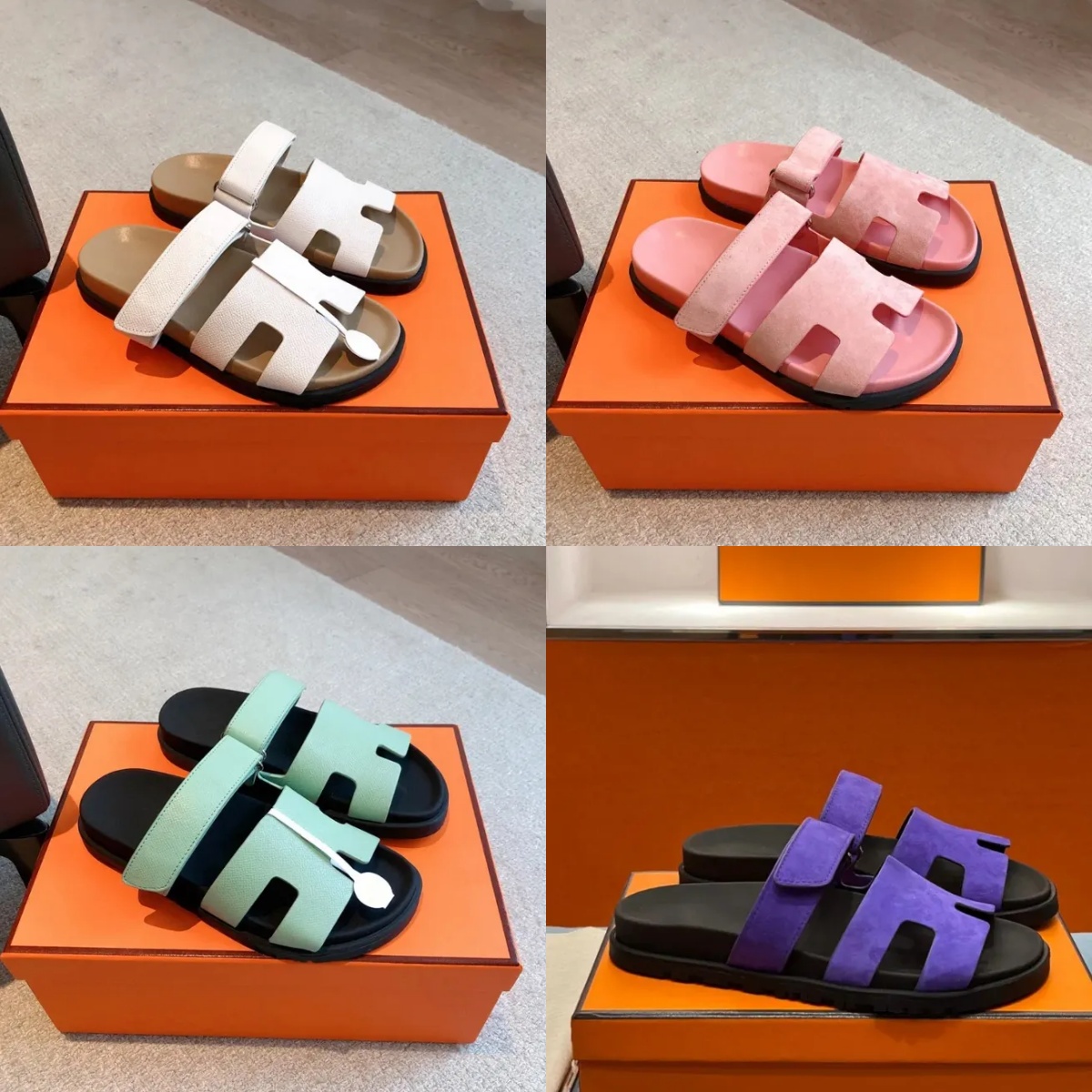 Men's Women's leather sandals with adjustable Velcro strap Designer H cut open toe slip on casual shoe Luxury comfortable party flat sole
