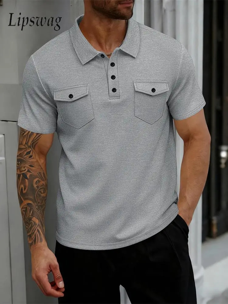 Vintage Waffle Plaid Jacquard Polo Shirts Men Short Sleeve Buttonup Turndown Collar Casual Tops Mens Spring Fashion Pullovers 260609BANJIA