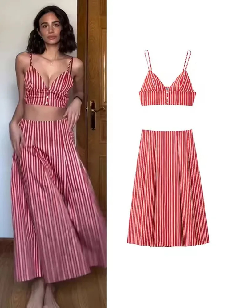 Long Skirt Suits Women Sweet Red Stripe Sexy Sleeveless Tube Cropped Tops High Waist Midi Skirt 2 Pieces Set Women Summer Outfit 260615
