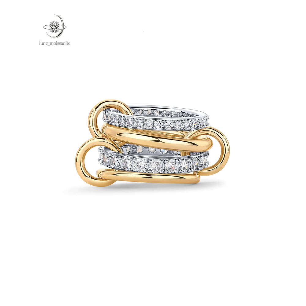 14K Gold Plated Interlocked Stackable Statement Ring for Women Chunky Multi Band Double Triple Ring, Two Tone 925 silver with Moissanite