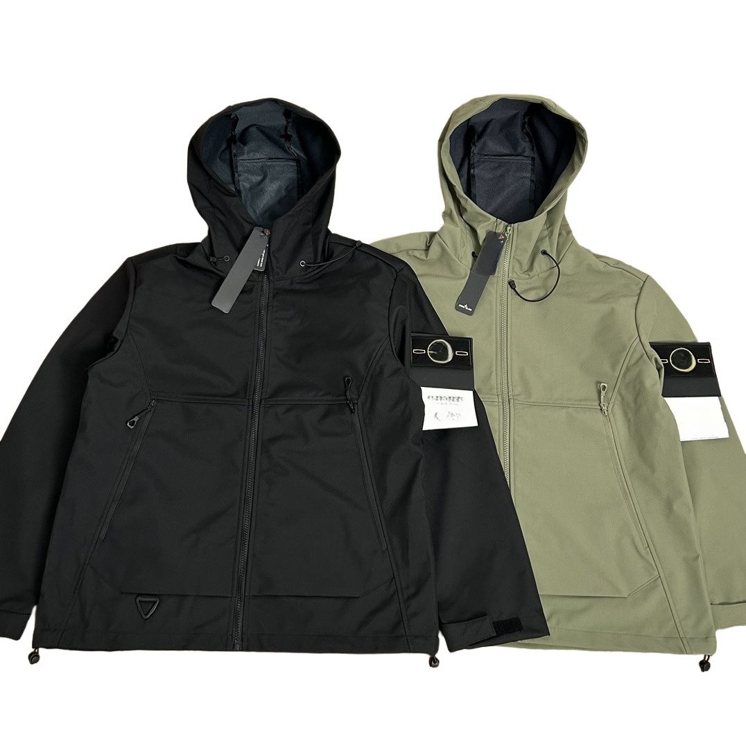 stone windbreaker jacket Cross-Border Badge High-Def Stone Solid Color Soft Shell Functional Simple Casual Windproof Zipper Hooded Coat Leisure Loos