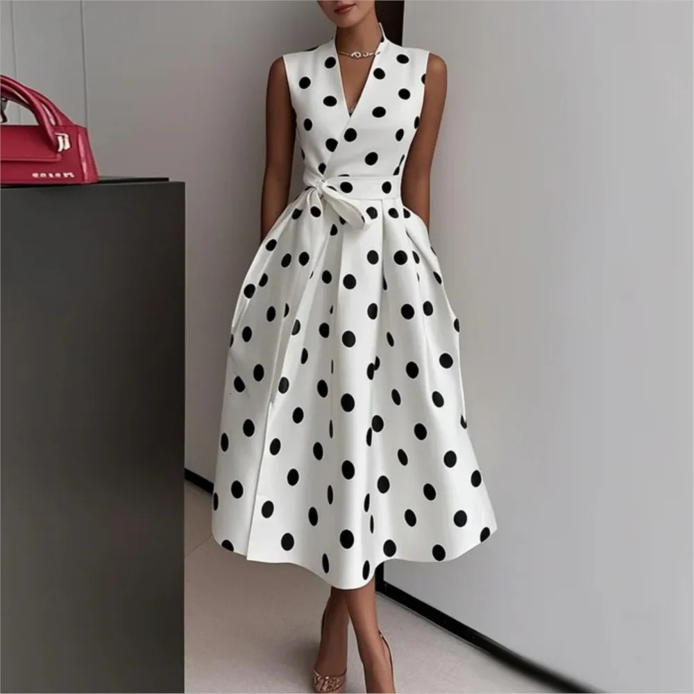 French Polka Dot Dress Summer Womens Fashion Retro Sexy Vneck Sleeveless Waist Tie Bow Long Vestidos De Fiesta Elegantes 260609BANJIABANJIA