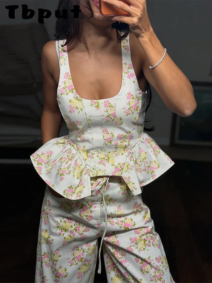 Elegant Printed Womens Vest Trouser Suits Sleeveless Ruffle Wide Leg Pants Lady Set 2026 Spring Summer 2 Piece 260609BANJIABANJIA