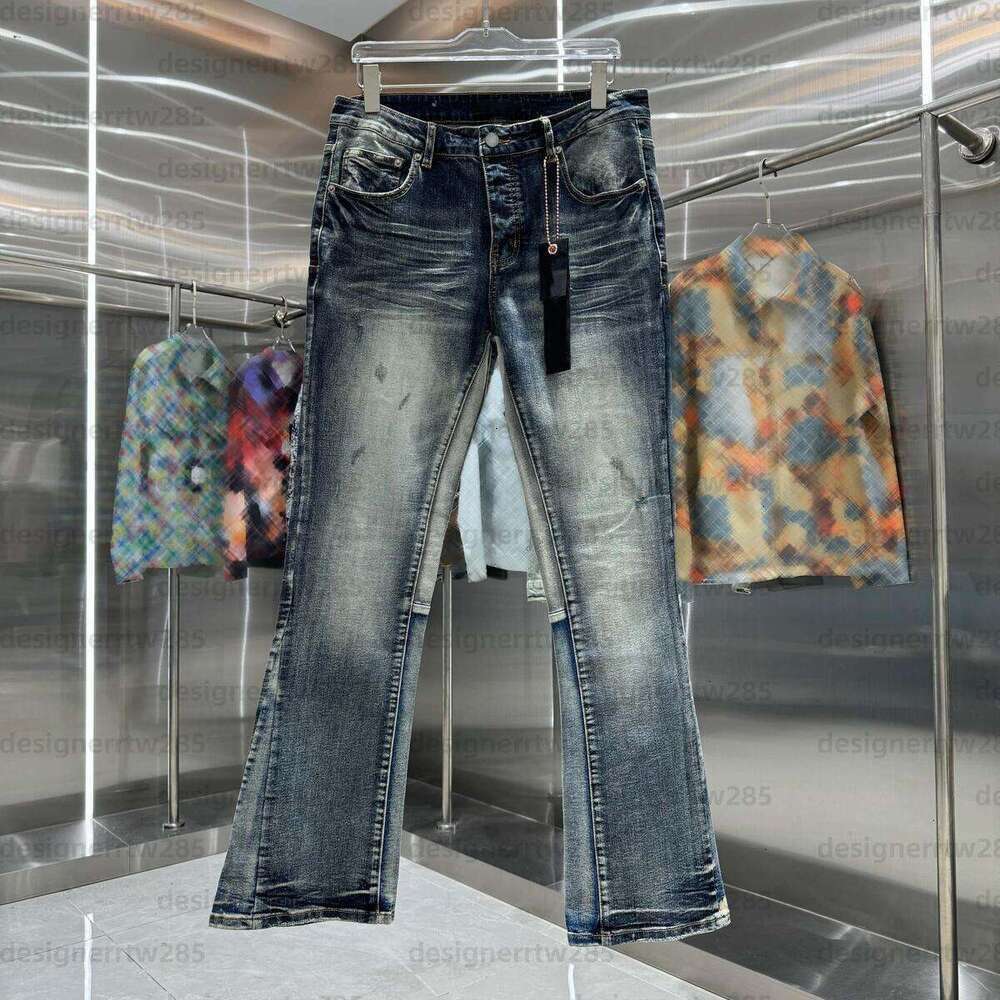 Designer Slim Fit Flared Jeans Men Vintage Dirty Wash Denim Purple Paint Luxury Streetwear Pant Distressed Bootcut Trousers Vaqueros Jean Homme C-image-1110785339