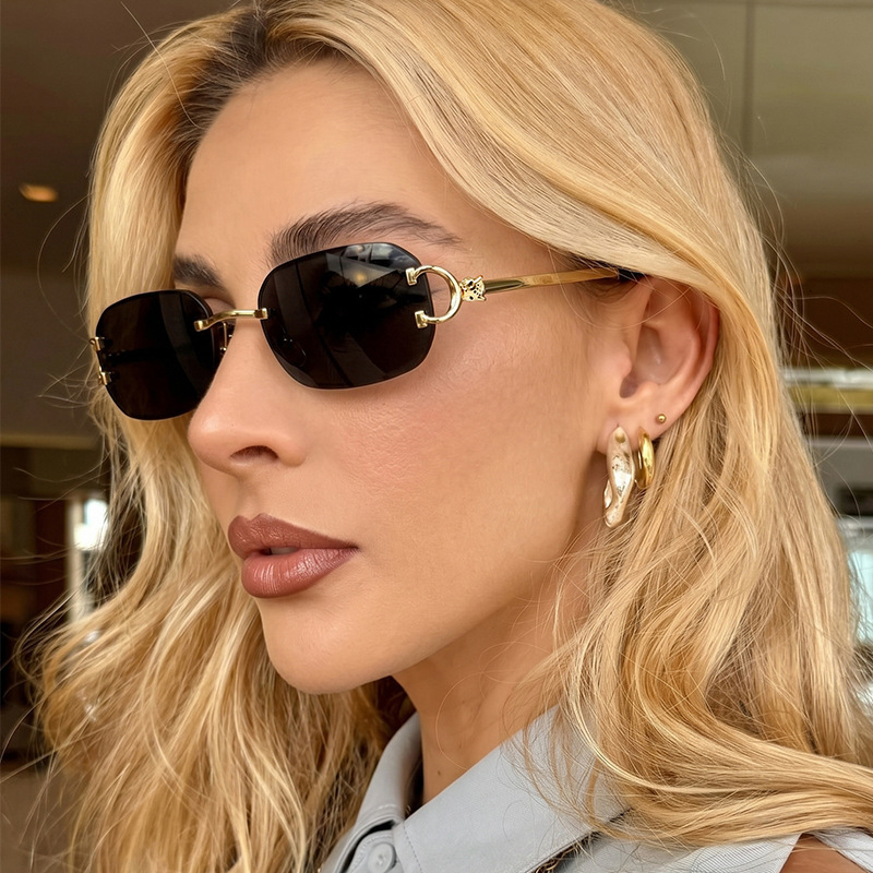 Designer Women Half Rim Rectangle Sunglasses Gold Leopard Metal Frame UV Protection Shades, Trendy Eyewear For Travel Night Club Photoshoot