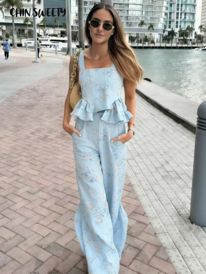 Fashion Printed Womens Top Pants Suit Sling Backless Slash Neck Wide Leg Trousers 2026 Spring Summer Holidays Lady Outfit 260609BANJIABANJIA