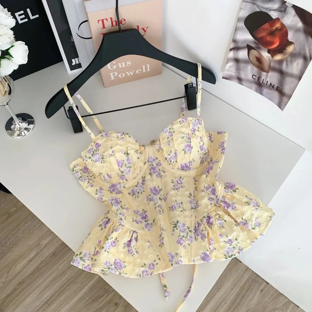 Sexy Slim Corset ruffle print Chic Korean Camis Tank Top Basic Fashion Off Shoulder Summer Women Clothing 260609BANJIABANJIA