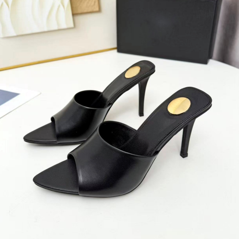 Luxury Designer Women's Genuine Leather High Heel Slippers Summer Fashion Slide Sandals Sexy Pointed Fine Heel Banquet Shoes High Quality We