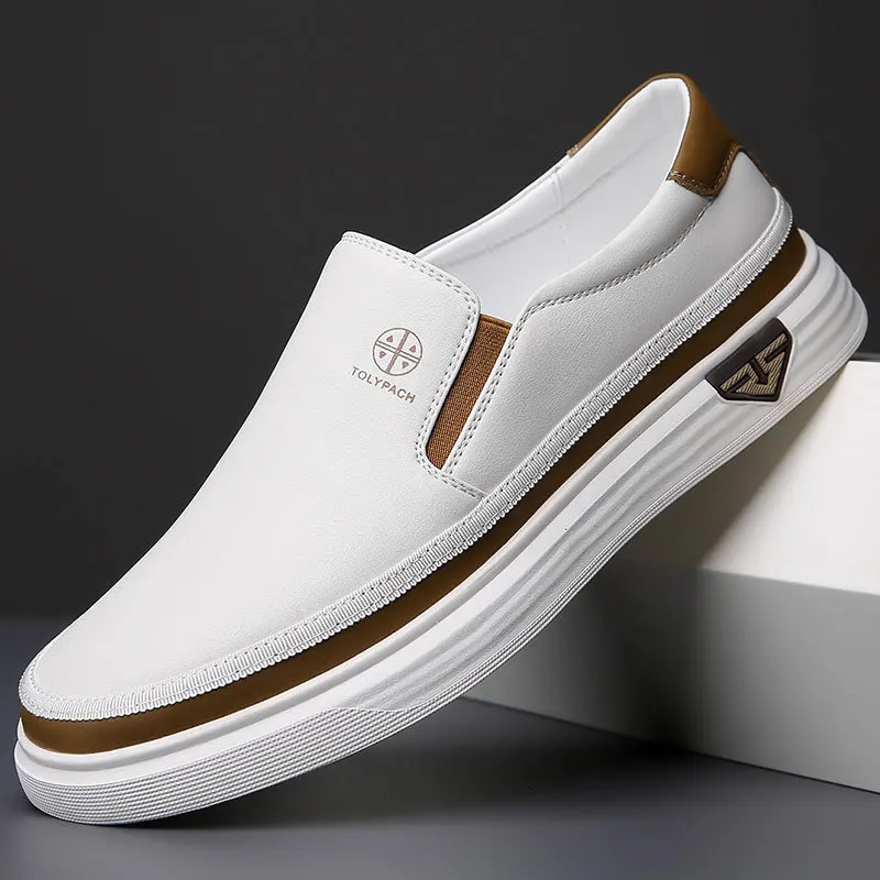 Leater Mens Genuine Casual Sneakers Spring Summer Fasion Slip-On Wite Soes Soft Sole Comfortable for Everyday Wear 260616 M260805