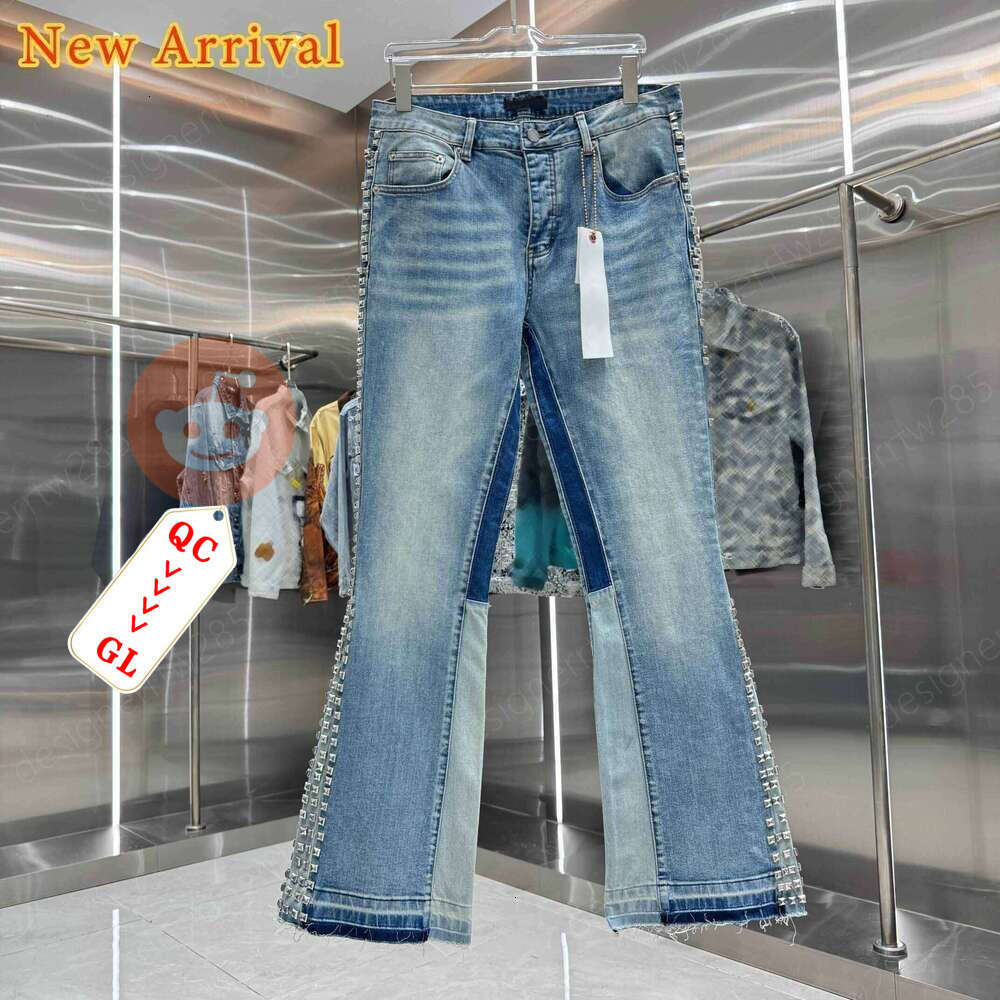 Designer Flare Blue Jeans Studded Slim Fit Denim Pants Luxury Violet Brand Cross Side Rivets Stitching Patchwork Men Trousers High Street Retro V-image-1110804522