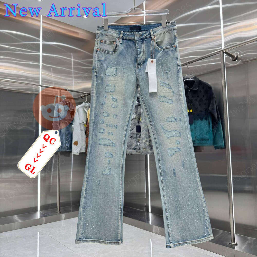 Designer Rhinestone Flared Jeans P004 Patchwork Destroyed Denim Pants Luxury Brand Style Repaired Holes Light Blue Trousers Slim Fit Hip Hop Men-image-1110807097
