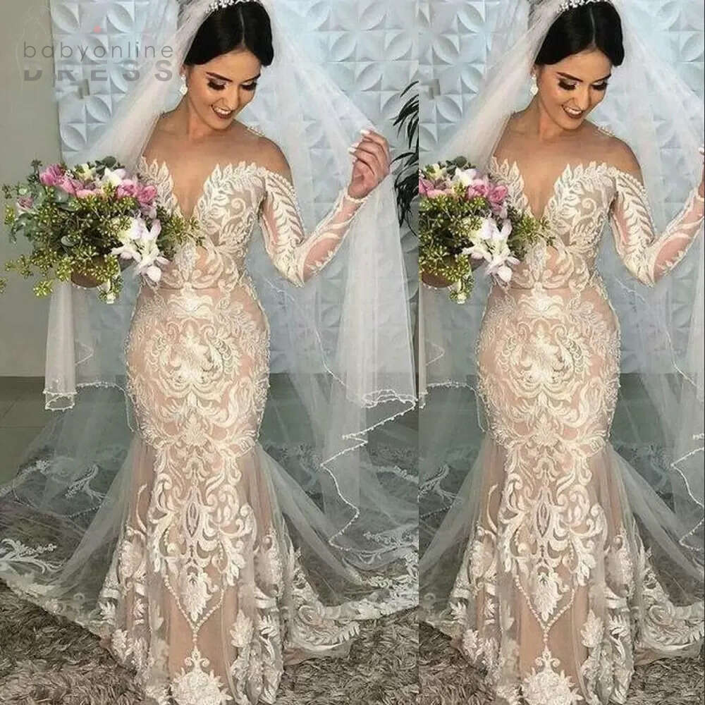 Boho Mermaid Wedding Dresses Lace Applique Jewel Neck Long Sleeves Illusion Vestidos De Novia Custom Made Plus Size Beach Country Covered Buttons Ba