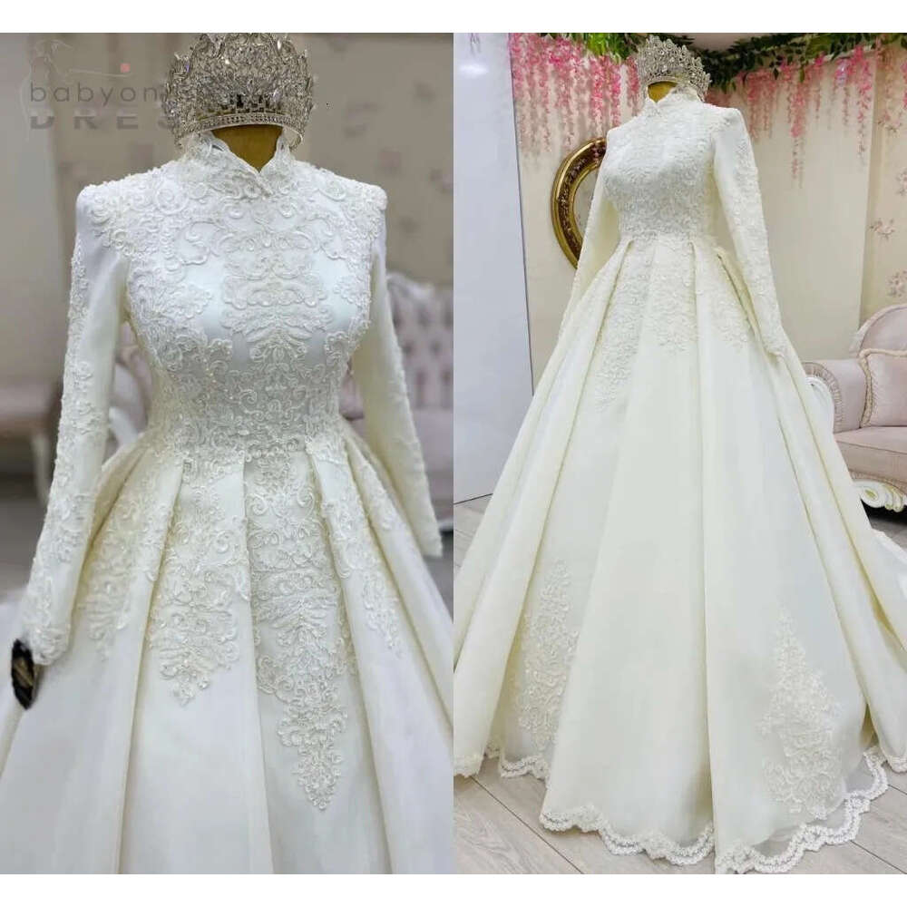 Muslim Saudi Long Arabic Sleeves Wedding Gowns Modest High Neck Lace Applique Beaded Bride Dresses A Line Sweep Train Vestidos De Novia AL L
