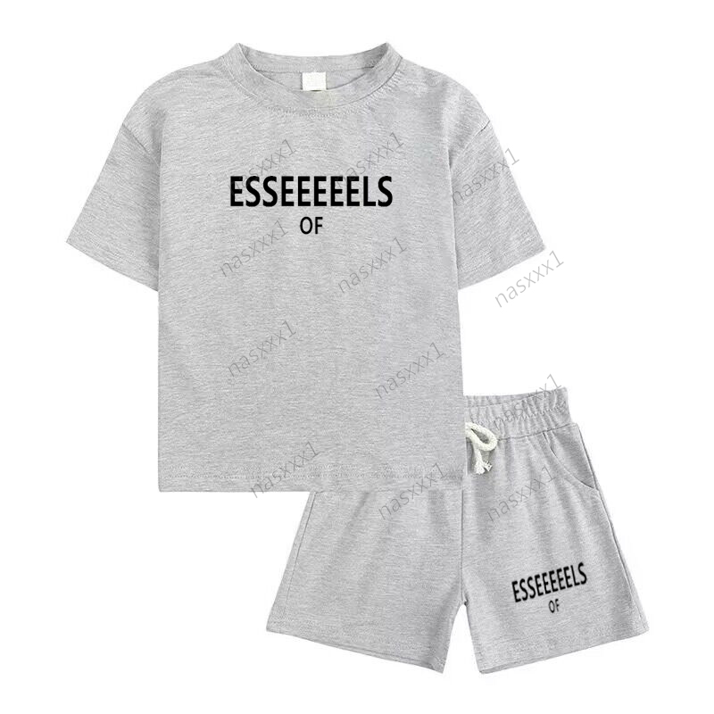 Fashion Summer Clothes Short-sleeved Tracksuits Gray Tshirt Shorts Letter Print Tees Outfits Boys And Girls Cute Tees Shorts Suit-image-845117500