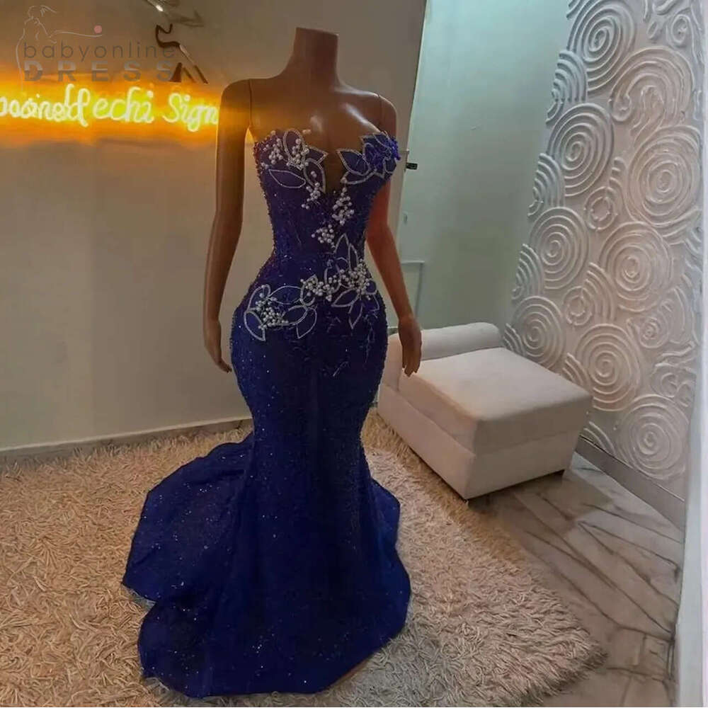 Sexy Royal Blue Sequined Lace Long Sleeve Prom Dress For Black Girls African Mermaid Birthday Party Evening Gowns Robe De Soiree Mariee Luxe 0122
