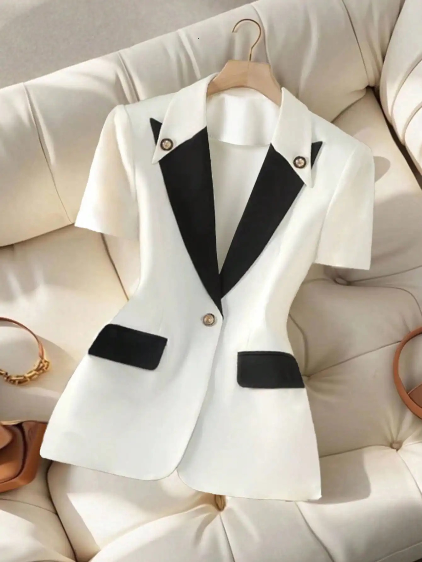 Womens White Black Contrast Blazer 2026 Short Sleeve Lapel One Button Fitted Waist Office 260609BANJIABANJIA