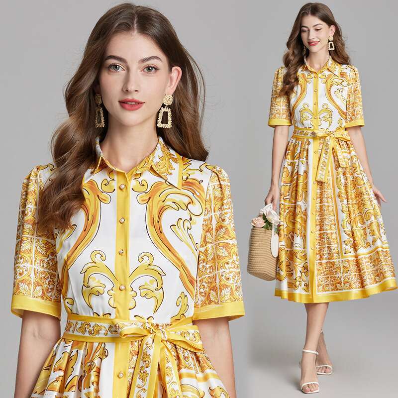 New DesignNew Summer Golden Floral Midi Dress Shirt Women Single Breasted Pearls Button Short Sleeve Long Dresses Office Lady
