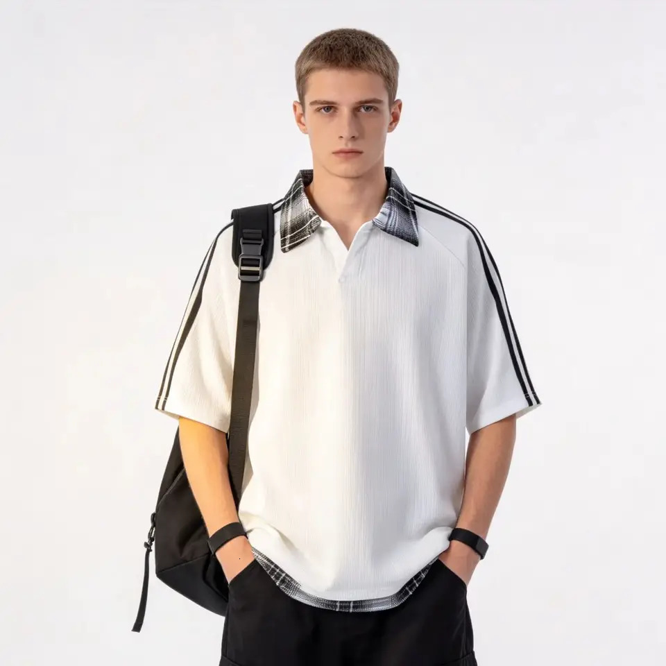 Mens Plaid Collar Textured Polo Shirt Loose Striped Raglan Sleeve Casual Short Summer Streetwear 260609BANJIA
