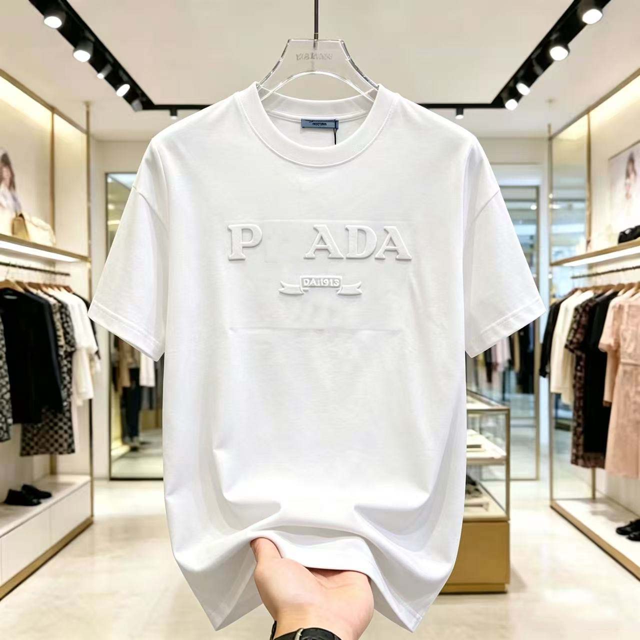 Men's T-Shirts New PR Milano Embroidered Logo T-Shirt Men Women Casual Cotton Short Sleeve Tee Tops White