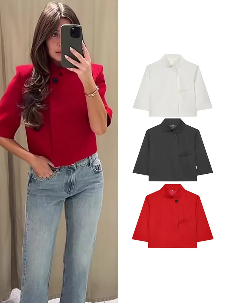 TFMLN Women Solid Jacket Coats Half High Neck Short Sleeve Commuting Outerwear Female Spring Chic Casual Daily Jackets Top 260609BANJIABANJIA