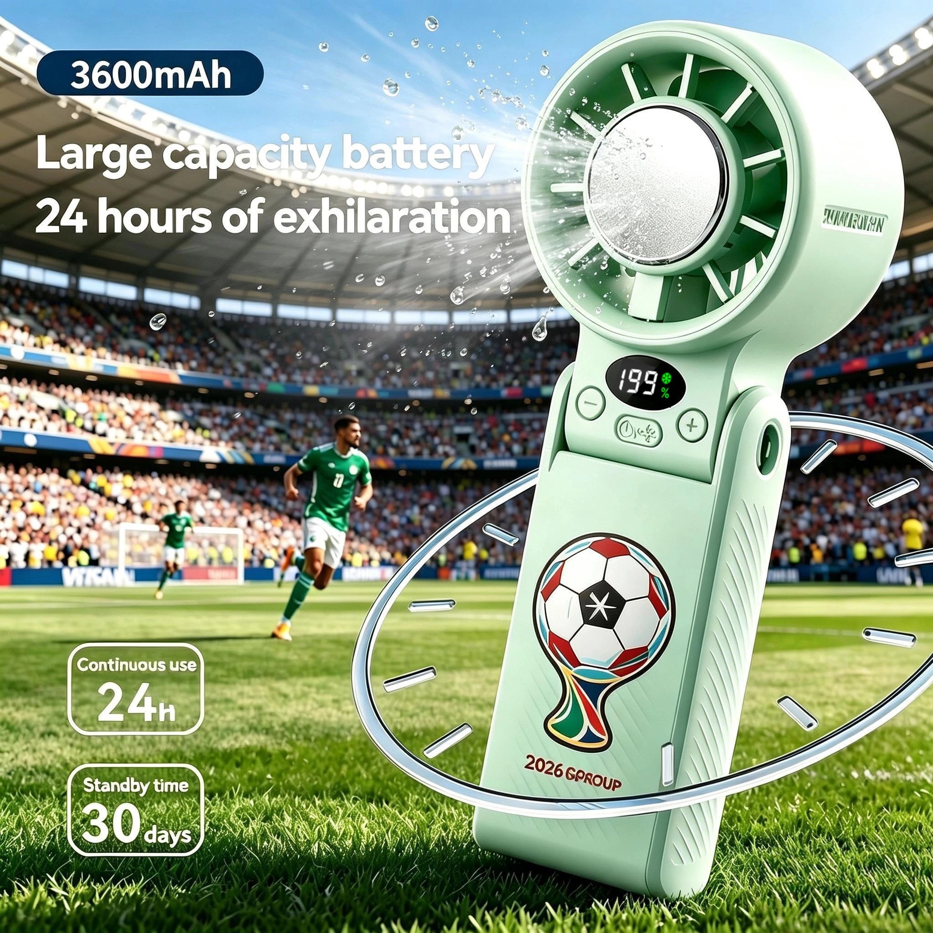Football Print Semiconductor Ice Compress Foldable Hand Fan 3600mAh Long Runtime 19 Speed Digital USB Portable Fan-image-1110799338