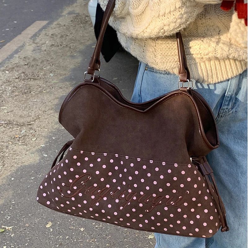 Womens Shoulder Bag Y2k Fashion Sweet Polka Dot Handbag Korean Casual Versatile Leopard Print Brown Frosted Tote Bags 260615BJ
