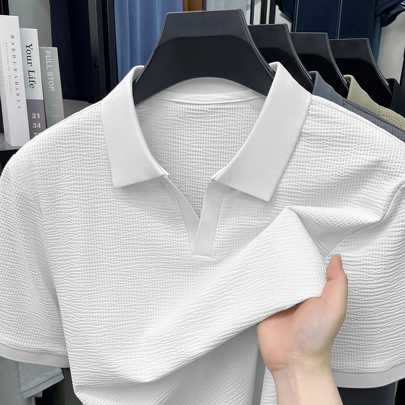 y plaid embossed short sleeve polo shirt mens fashion solid color breathable summer casual personality Vneck Tshirt 260609BANJIA