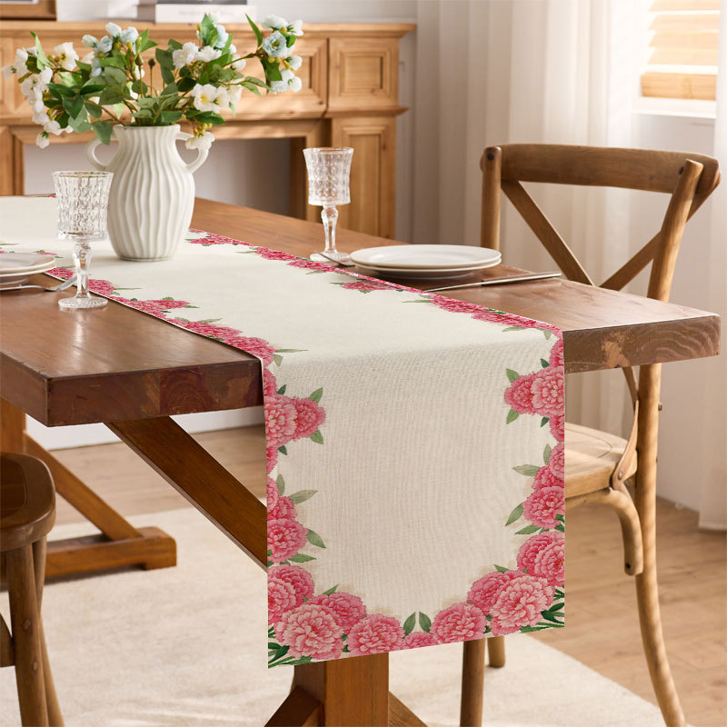A linen-printed rose floral table runner for TV cabinets, coffee tables, kitchen dining tables, and decorative tablecloths.DEUU01-image-1110779020