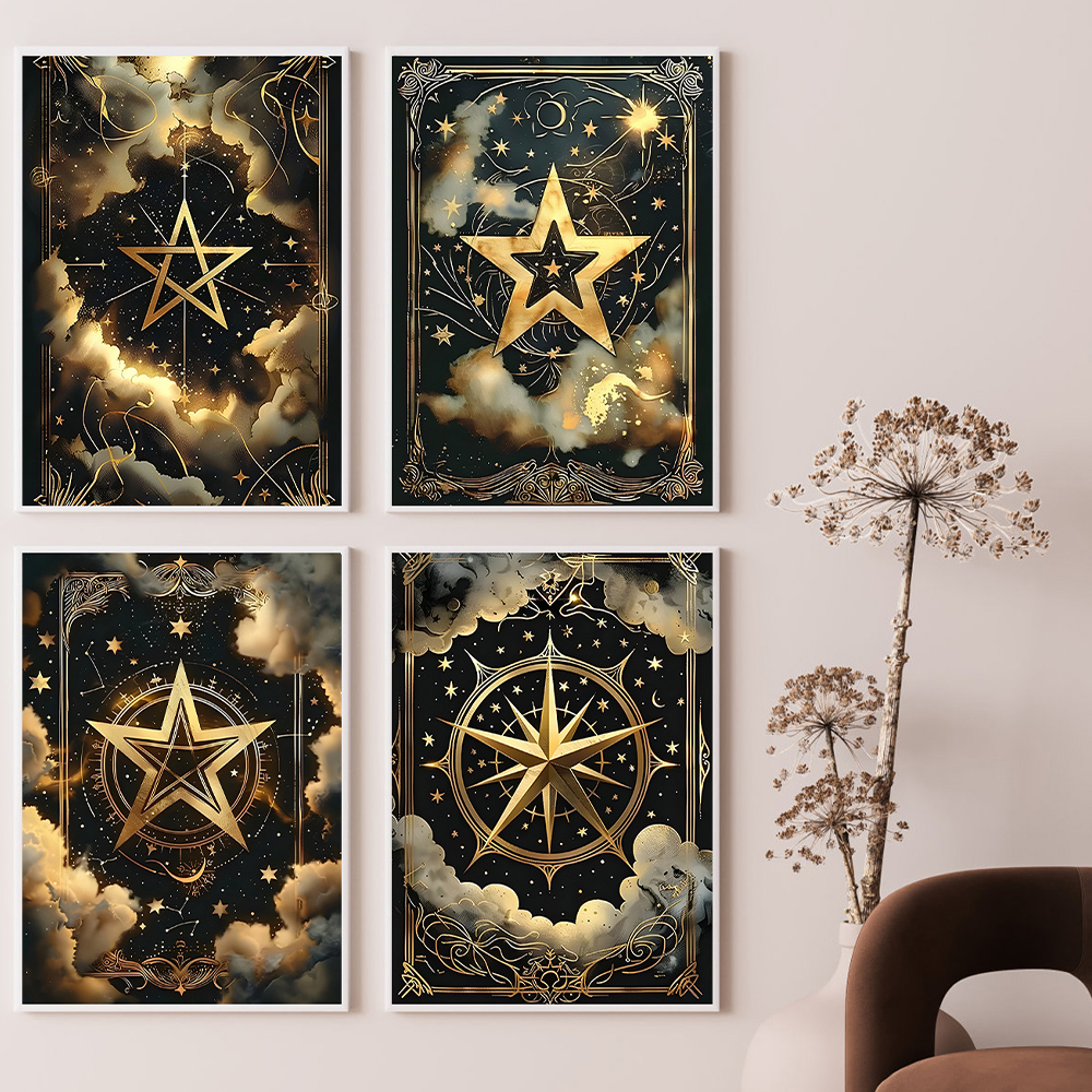 Set of 4 Star Tarot Wall Art, Black and Gold Celestial Prints, Mystical Witchy Wall Decor for Bedroom (Unframed)-image-1110754520