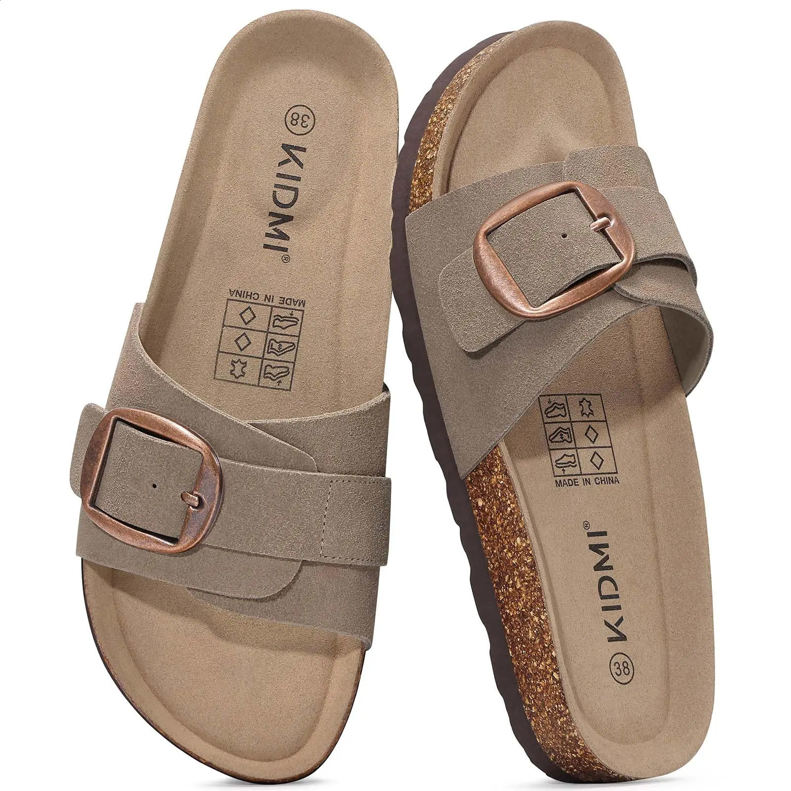 Bebealy Womens Suede Cork Sandals with Arch Support Soft Footbed Slippers Summer Beach Slides Lady Genuine Clogs 260613BJ