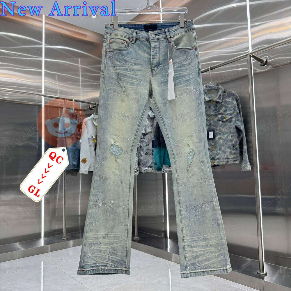 PurpleFlared Jeans Designer Distressed Flared Jeans Starry Rhinestone Denim Pants Luxury Brand Style Dirty Mud Wash Ripped Trousers Slim Fit Hip-image-1110808154