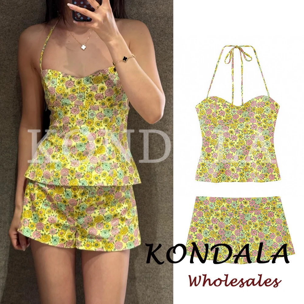 KONDALA Chic Spring Flower Print Woman Suits Halter Neck Backless Slim VestMini Shorts Fashion 2026 Holiday Female Sexy Sets 260615