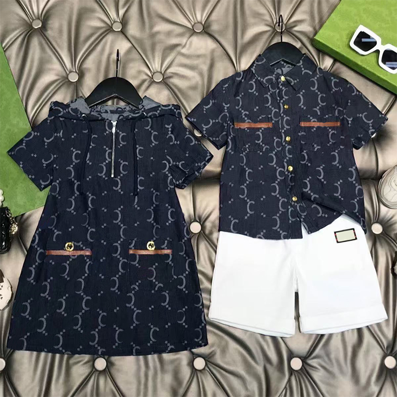 Summer fashion short sleeved hooded skirt shirt shorts matching suitable for boys and girls baby clothing siblings set comfortable close fitting set