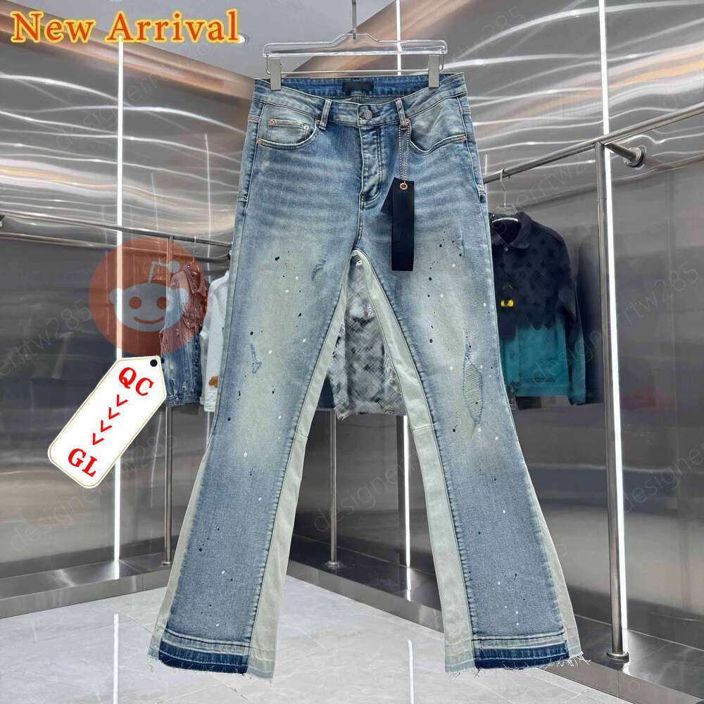 P004 Designer Paint Splatter Flare Jeans Patchwork Denim Pants Luxury Brand Ink Dot Splashed Contrast Panel Slim Fit Men Women Trousers High Stre-image-1110803489