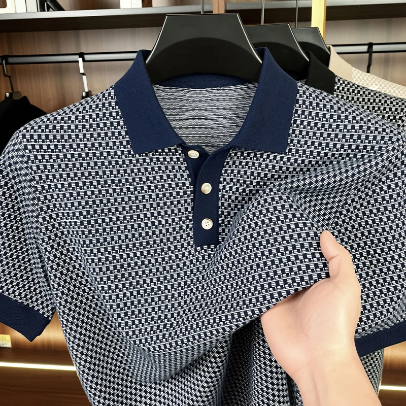 100 pure cotton short sleeve mens polo shirt personality checkered printing y fashion thin breathable casual Tshirt 260609BANJIA