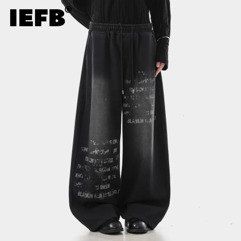 IEFB American Style Mens Sweatpants Contrast Color Letter Printing Casual Worn-out Washed Drawstring Elastic Waist Pants 9X1636 260612CJ
