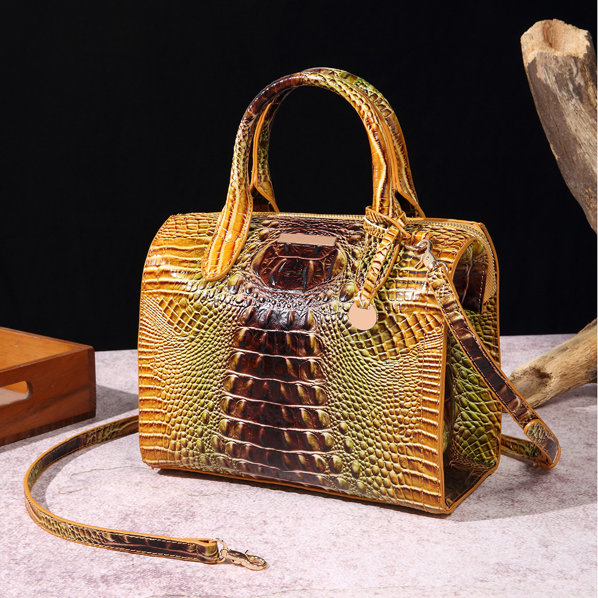 Women Glossy Crocodile Print Mini Tote Handbag Brown Patent Leather Top Handle Satchel Bag Detachable Crossbody Strap for Work Shopping Daily Outfit