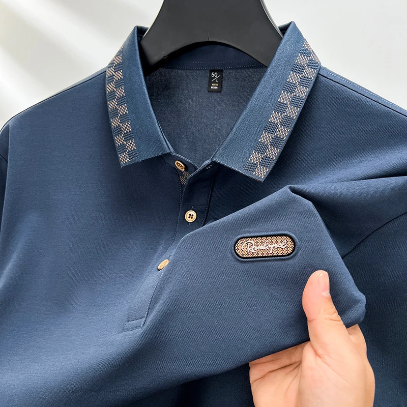 Summer highend breathable cotton trend plaid embroidery mens short sleeved POLO shirt comfortable silk casual business Tshirt 260609BANJIA