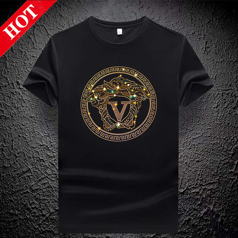 Trendy High-End Ice Silk Rhinestone Short Sleeve T-Shirt Fashion Casual European Station Mercerized Cotton Men's Thin Style