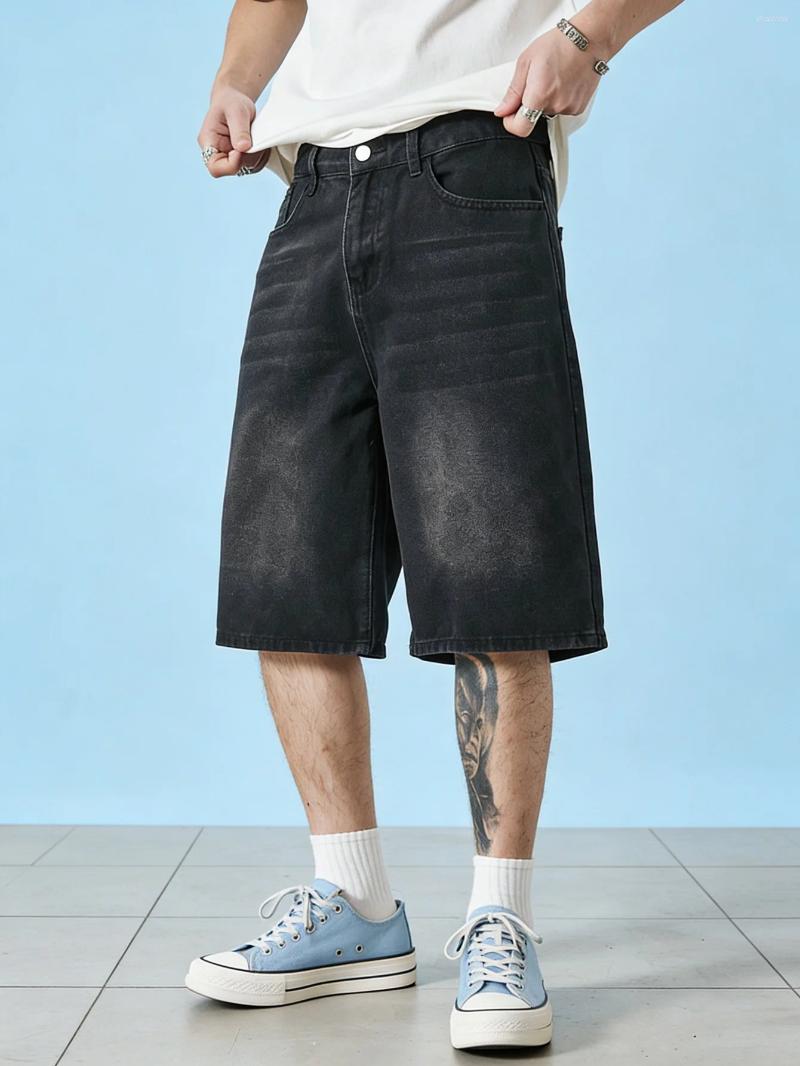 Men's Shorts Men Solid Black Non Stretch Denim Jorts Loose Fit Casual Daily Wear Simple All Match Knee Length