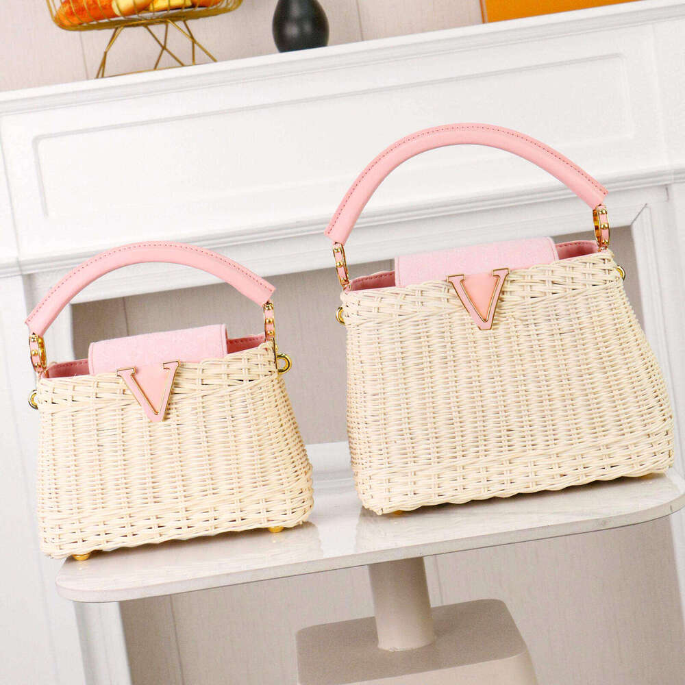 Designer Handbag BB Cap Mini Basket Rattan Woven Bag Women High quality Luxury Pink Denim Tote Shoulder Crossbody Bag Crocodile grain Leather pouch
