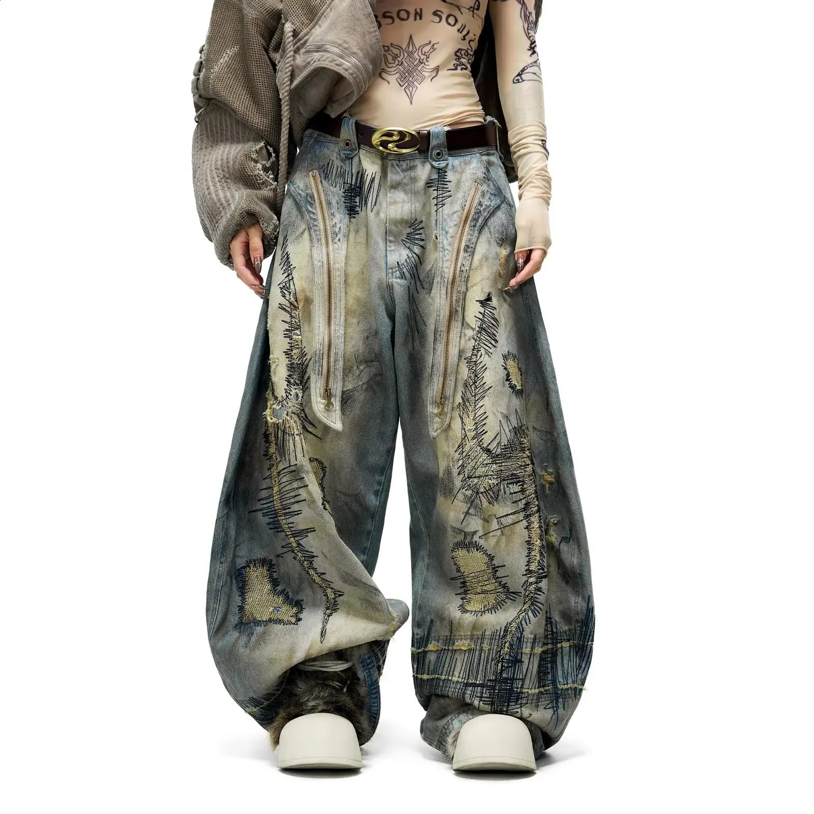 American Fashion Mens Blue Casual Trendy Daily Loose Wide Leg Hole Patched Embroideried Denim Trousers Male Jeans Pants 260612