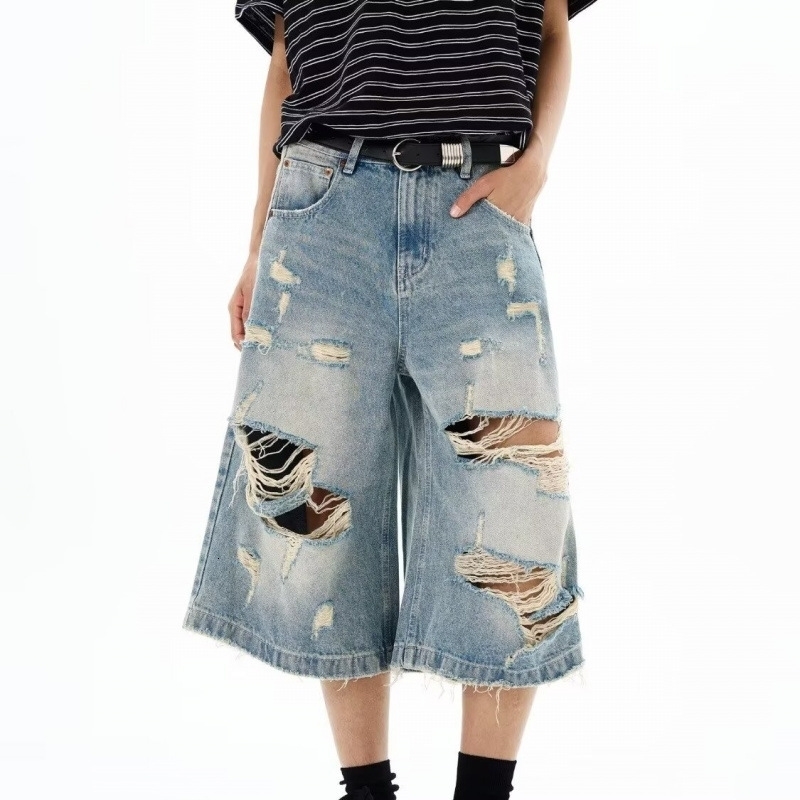 Men Vintage Ripped Baggy Short Jean Grunge Distressed Oversized Jorts Y2k Retro Punk Streetwear Wide Leg Denim Shorts y260609BANJIA