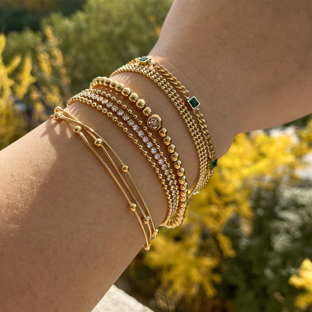 Women Dainty Layered Stack Bracelet Anti Tarnish Stainless Steel Gold Chain Mini Round Beads Sparkling Rhinestone Green Emerald Charm Bracelets Dail