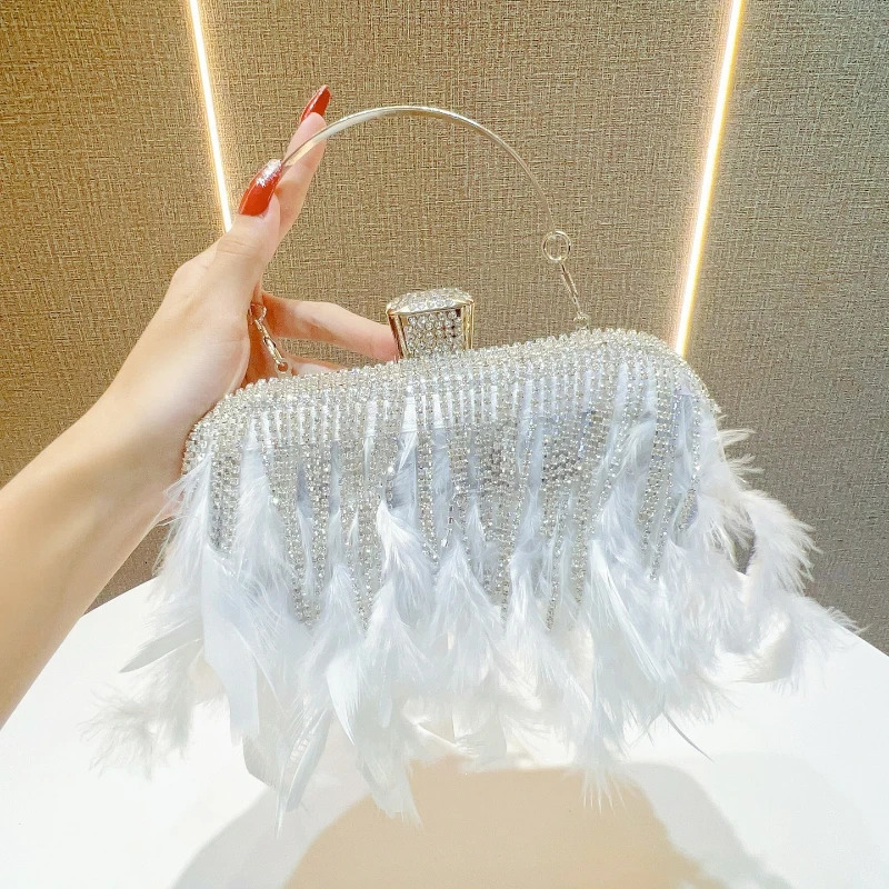 Wedding Party White Feather Evening Bag Women y Crystal Rhinestone Tassles Handbag Top Handle Bridal Clutch Purse Bolso 260617