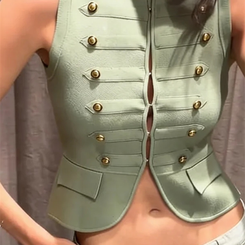 2026 Spring Summer Elegant Green Knitted Vests Top Women Fashion Street Wear Hidden Buckle Sleeveless Crop Ladies Clothes y260612BANJIA