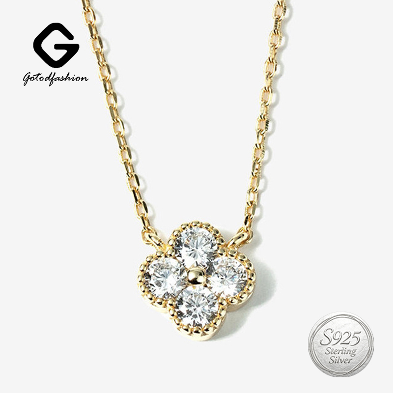 Vinage 925 Sterling Silver Cleef Four Leaf Clover CZ Pendant Necklace Designer 18K Gold Plated Beaded Edge Lucky Zircon Fine Jewelry Necklaces for W