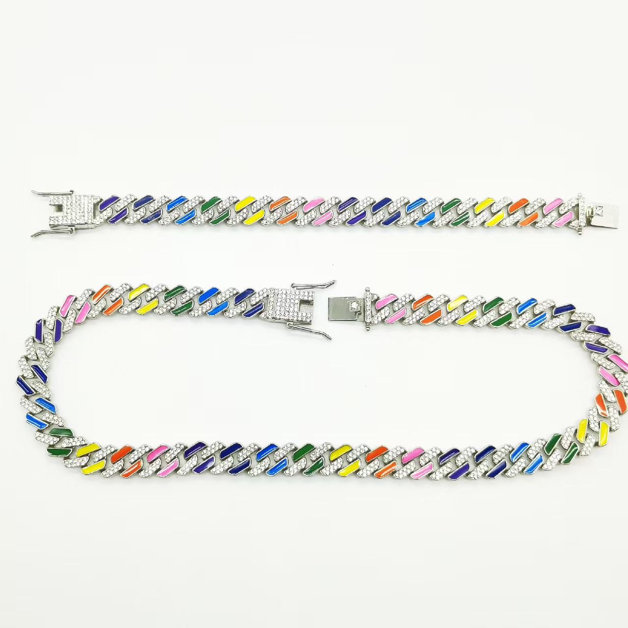 Solid Hard Bangles women Designer Trendy Rhombic Rainbow Full Diamond Head Alloy Men's Bracelet Necklace Hip Hop Cuban Chain Rigid